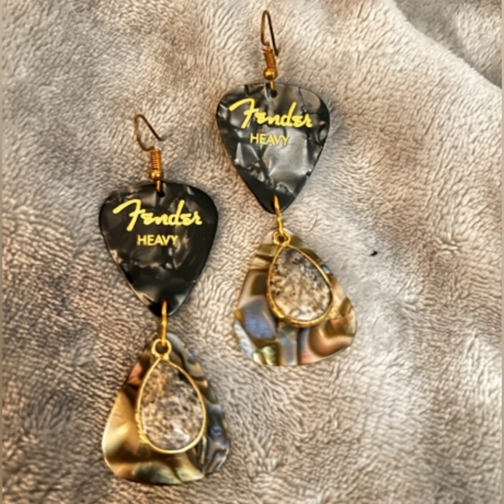 Fender Black and Gold Guitar Pick Earrings